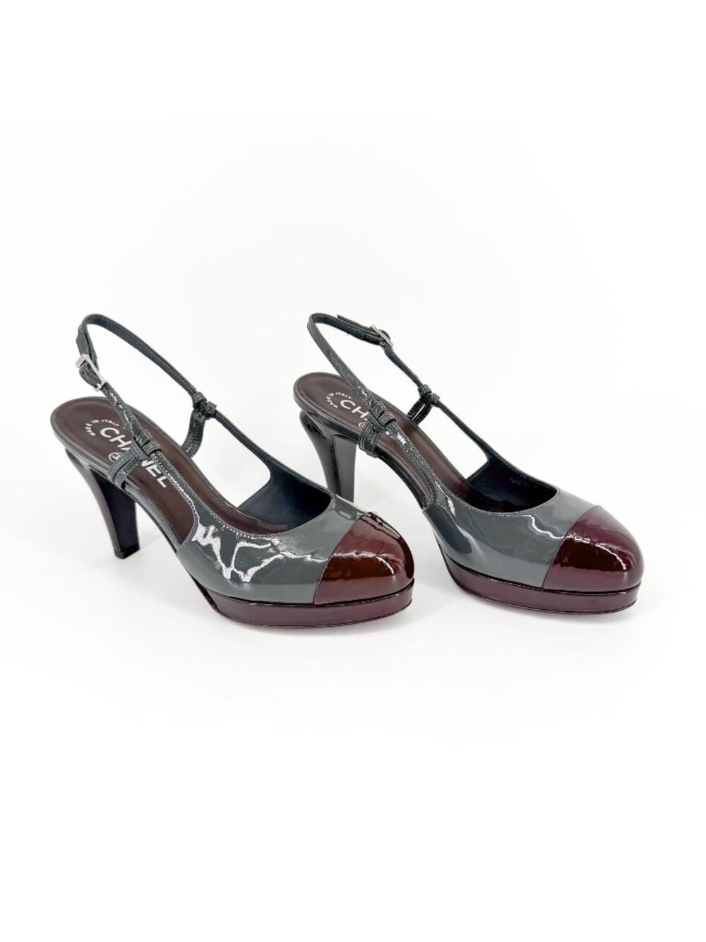 Chanel Gray Burgundy Patent Cap Toe Slingback Platform Pumps Size 37.5 US 6.5–7